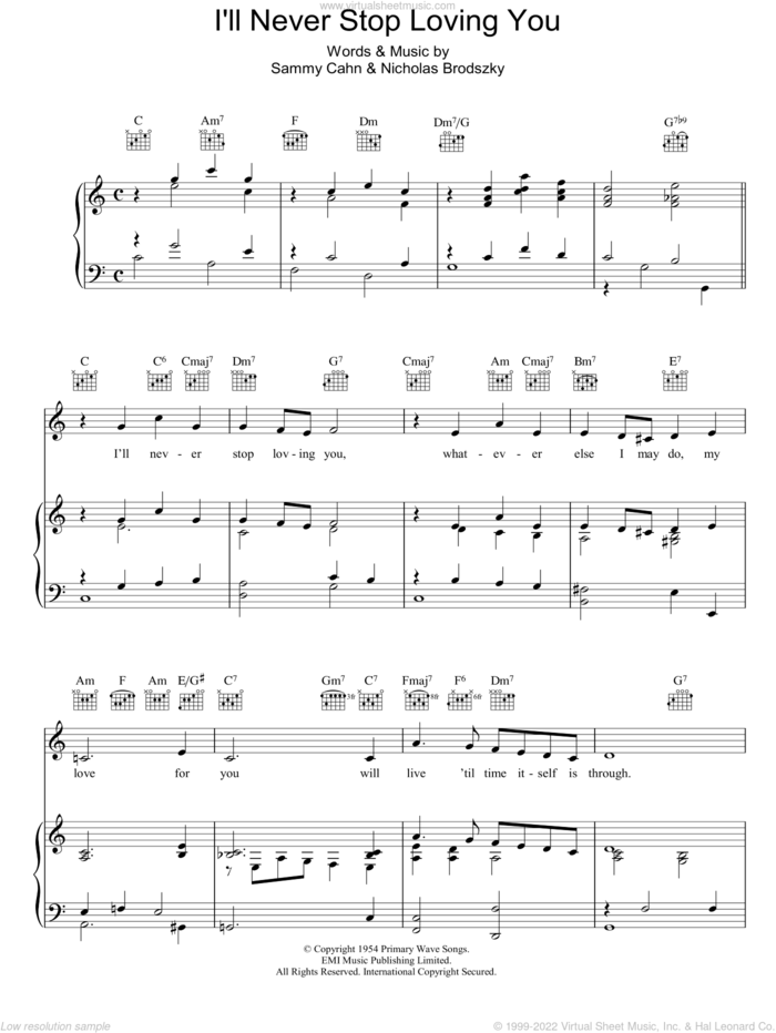 I'll Never Stop Loving You sheet music for voice, piano or guitar by Sammy Cahn and Nicholas Brodszky, intermediate skill level