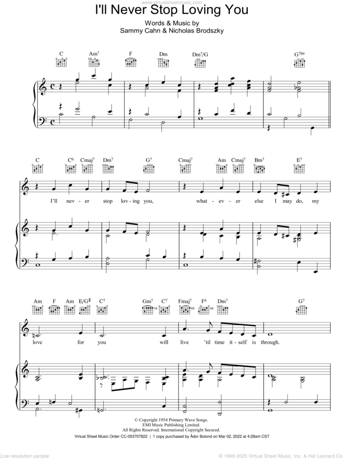 I'll Never Stop Loving You sheet music for voice, piano or guitar by Sammy Cahn and Nicholas Brodszky, intermediate skill level