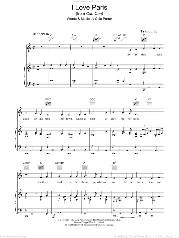 I Love Paris sheet music for voice, piano or guitar by Cole Porter, intermediate skill level