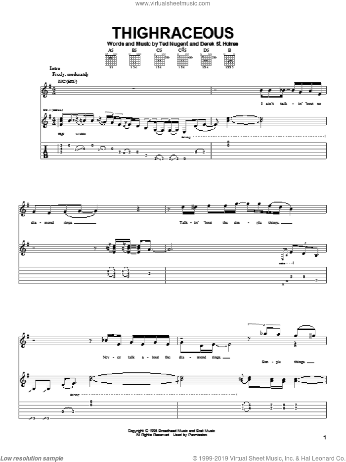 Thighraceous sheet music for guitar (tablature) by Ted Nugent and Derek St. Holmes, intermediate skill level