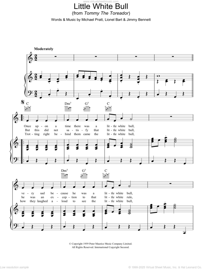 Little White Bull sheet music for voice, piano or guitar by Lionel Bart, Jimmy Bennett and Michael Pratt, intermediate skill level