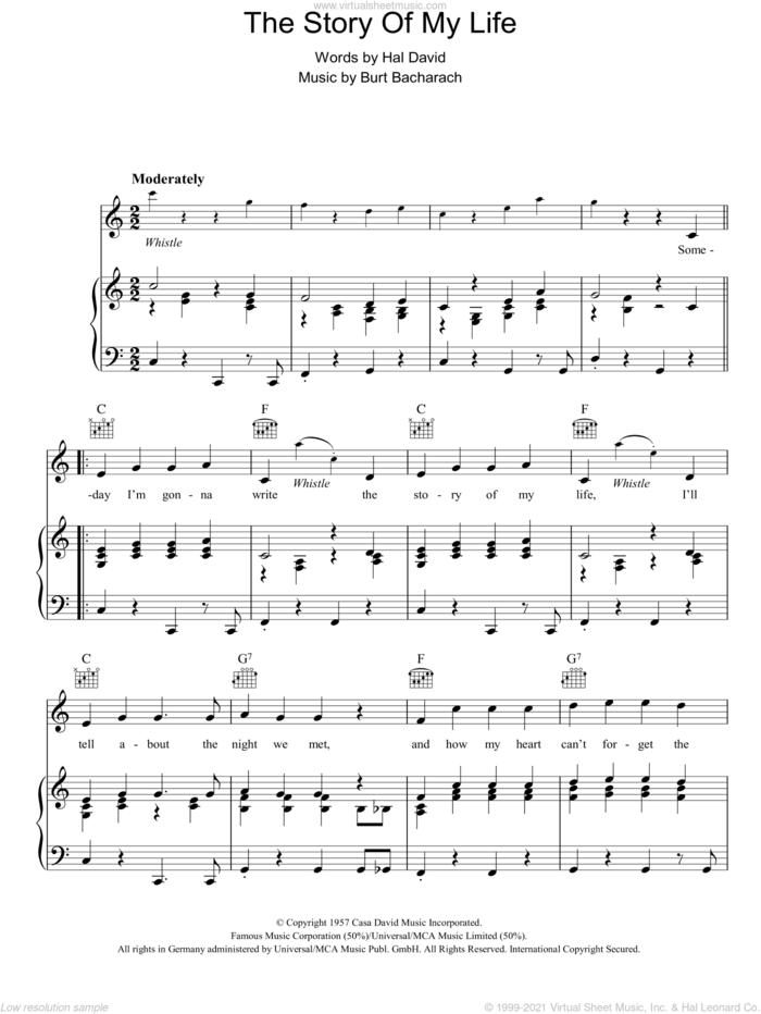 The Story Of My Life sheet music for voice, piano or guitar by Burt Bacharach and Hal David, intermediate skill level