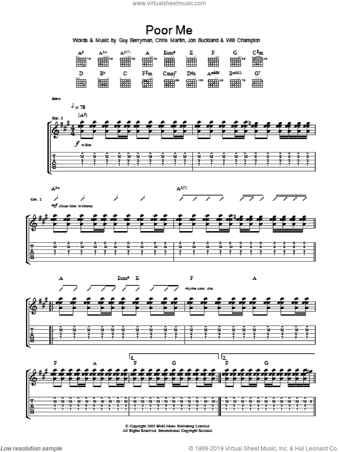Poor Me sheet music for guitar (tablature) by Coldplay, Chris Martin, Guy Berryman, Jon Buckland and Will Champion, intermediate skill level