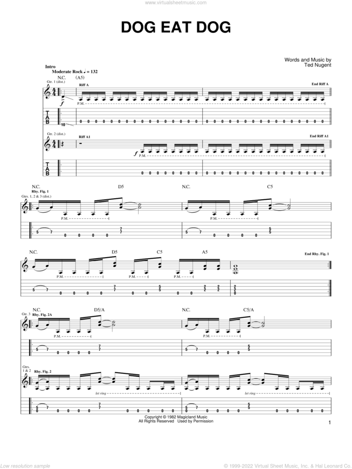 Dog Eat Dog sheet music for guitar (tablature) by Ted Nugent, intermediate skill level