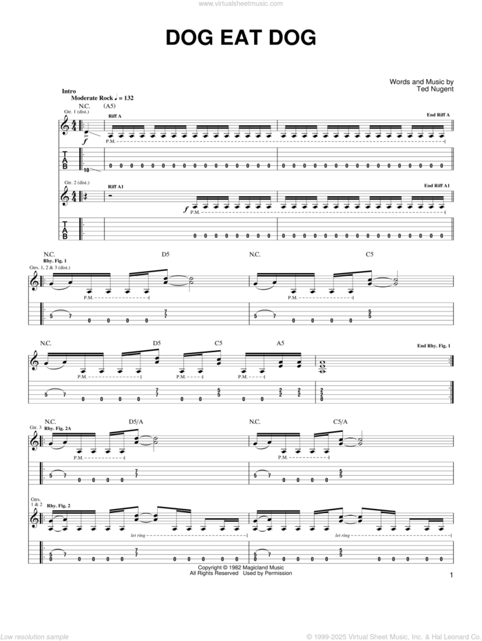 Dog Eat Dog sheet music for guitar (tablature) by Ted Nugent, intermediate skill level