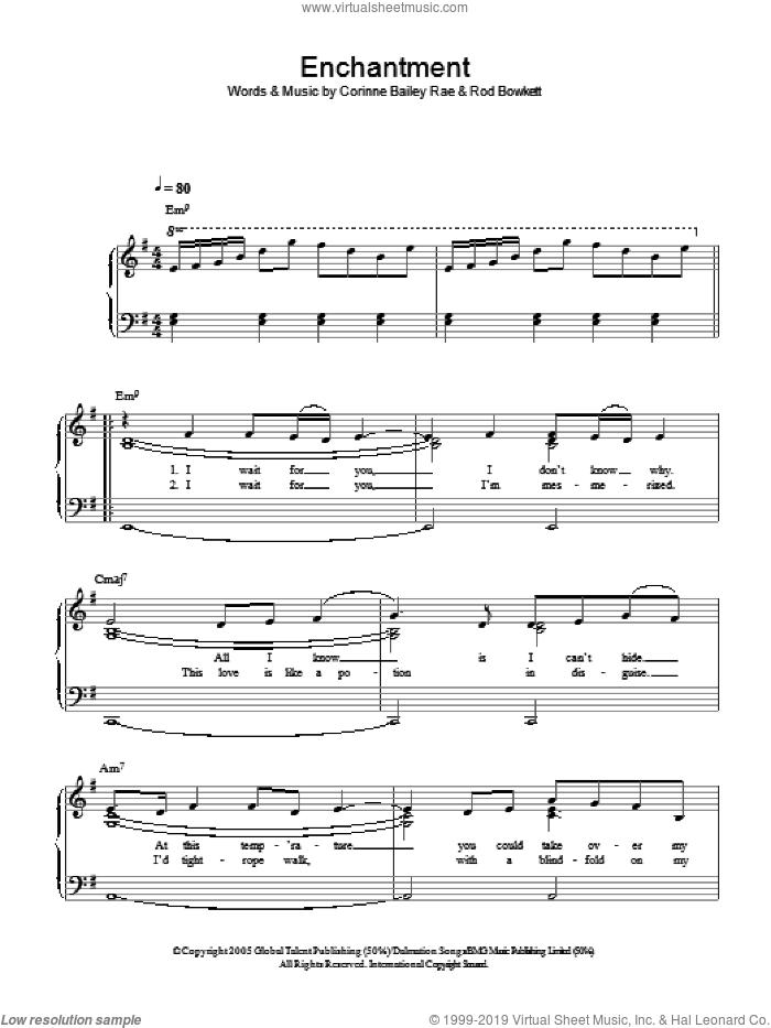 Enchantment sheet music for piano solo by Corinne Bailey Rae and Rod Bowkett, easy skill level