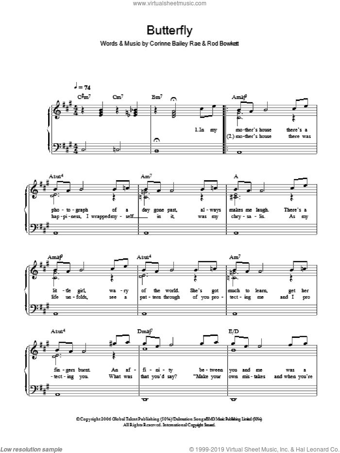 Butterfly sheet music for piano solo by Corinne Bailey Rae and Rod Bowkett, easy skill level