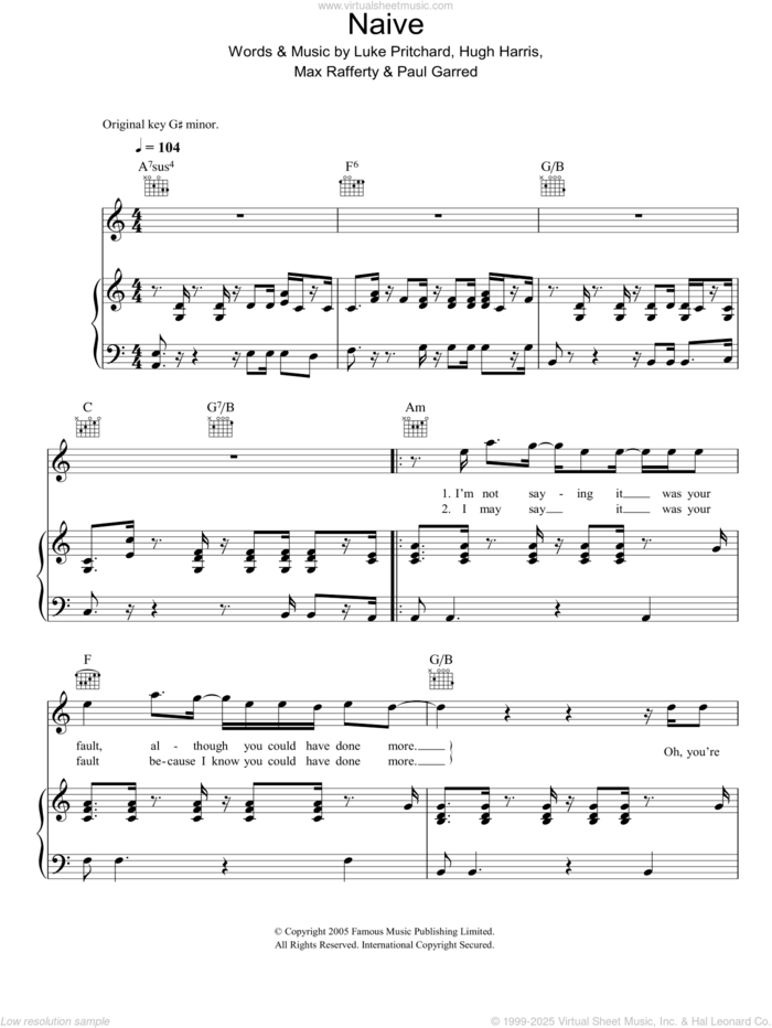 Naive sheet music for voice, piano or guitar by The Kooks, Hugh Harris, Luke Pritchard, Max Rafferty and Paul Garred, intermediate skill level