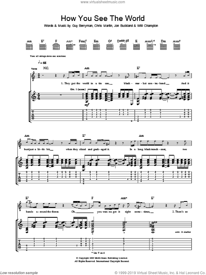 How You See The World sheet music for guitar (tablature) by Coldplay, Chris Martin, Guy Berryman, Jon Buckland and Will Champion, intermediate skill level