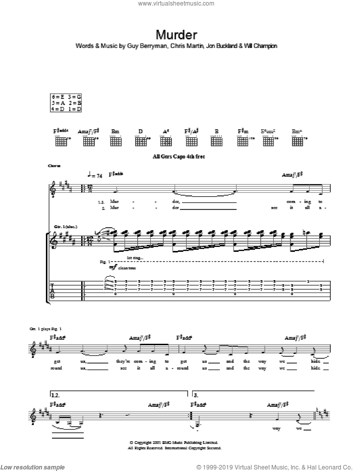 Murder sheet music for guitar (tablature) by Coldplay, Chris Martin, Guy Berryman, Jon Buckland and Will Champion, intermediate skill level