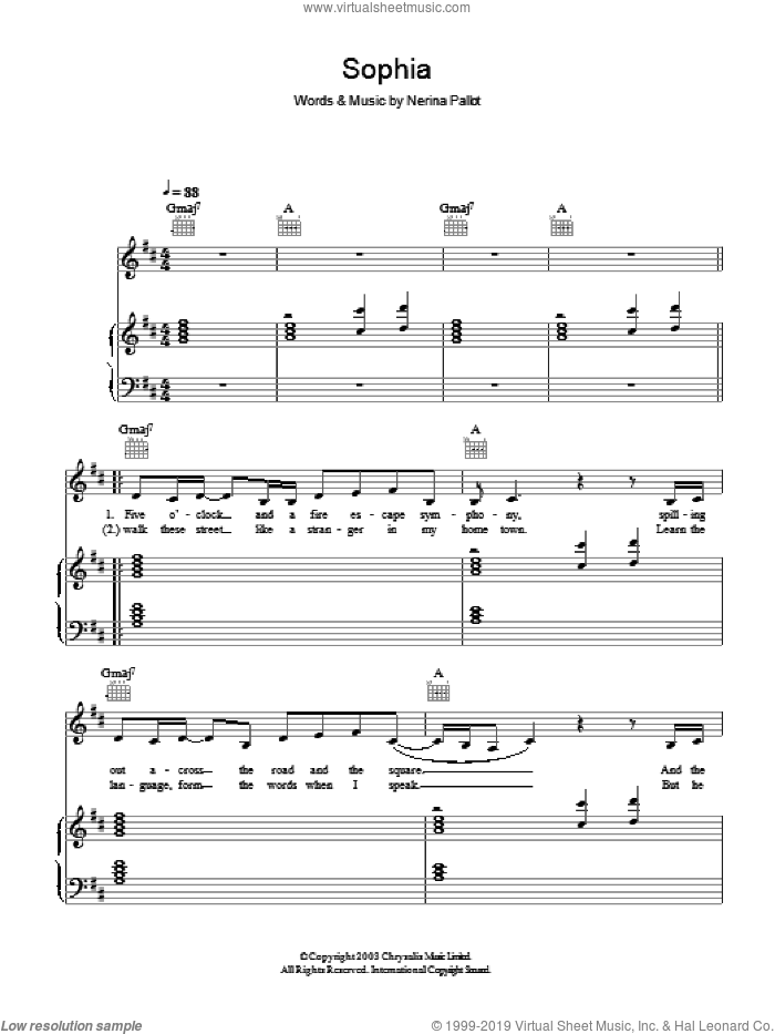 Sophia sheet music for voice, piano or guitar by Nerina Pallot, intermediate skill level