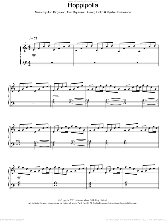 Hoppipolla sheet music for piano solo by Sigur Ros, Georg Holm, Jon Birgisson, Kjartan Sveinsson and Orri Dryasson, easy skill level