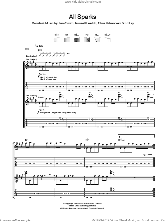 All Sparks sheet music for guitar (tablature) by Editors, Chris Urbanowicz, Ed Lay, Russell Leetch and Tom Smith, intermediate skill level