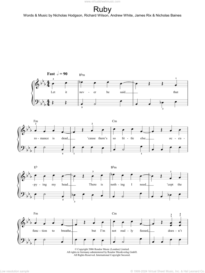 Ruby sheet music for piano solo by Kaiser Chiefs, Andrew White, James Rix, Nicholas Baines, Nicholas Hodgson and Richard Wilson, easy skill level