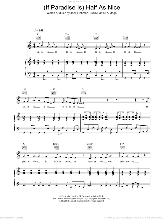 (If Paradise Is) Half As Nice sheet music for voice, piano or guitar by Amen Corner, Jack Fishman, Lucio Battisti and Mogol, intermediate skill level