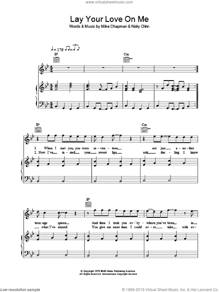 Lay Your Love On Me sheet music for voice, piano or guitar by Racey, Mike Chapman and Nicky Chinn, intermediate skill level