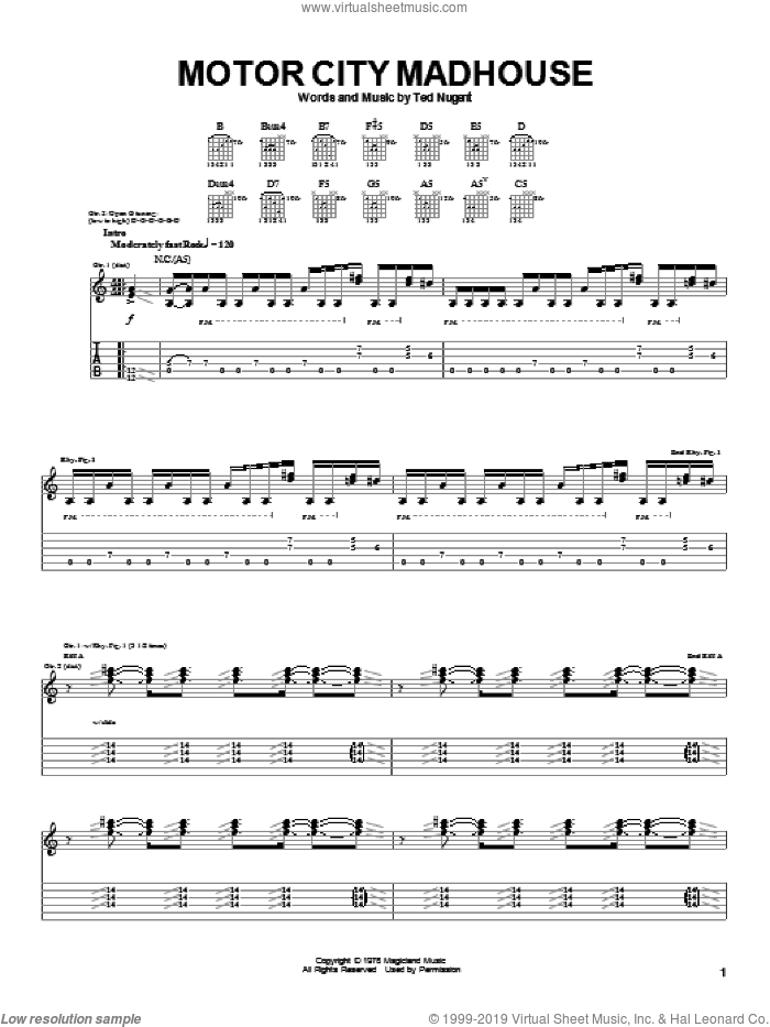 Motor City Madhouse sheet music for guitar (tablature) by Ted Nugent, intermediate skill level