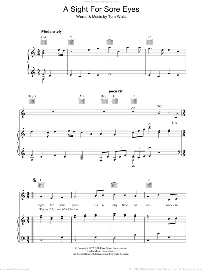 A Sight For Sore Eyes sheet music for voice, piano or guitar by Tom Waits, intermediate skill level