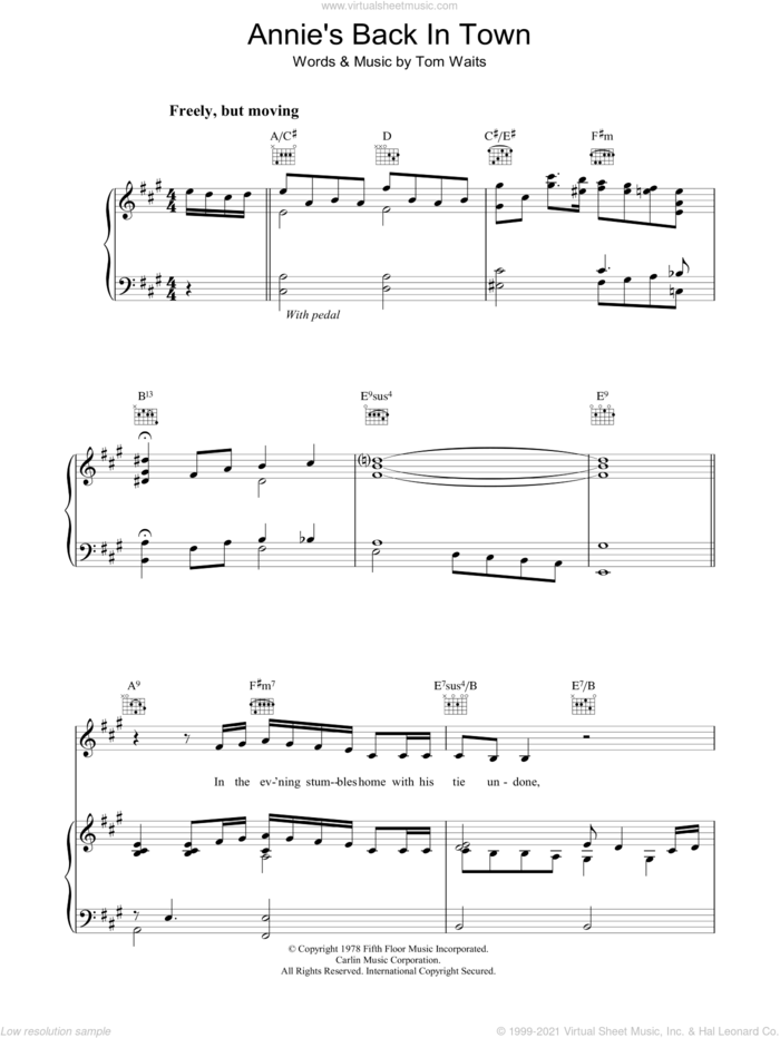 Annie's Back In Town sheet music for voice, piano or guitar by Tom Waits, intermediate skill level