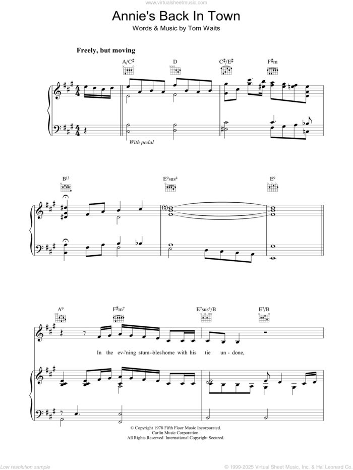 Annie's Back In Town sheet music for voice, piano or guitar by Tom Waits, intermediate skill level