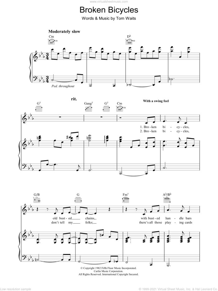 Broken Bicycles sheet music for voice, piano or guitar by Tom Waits, intermediate skill level