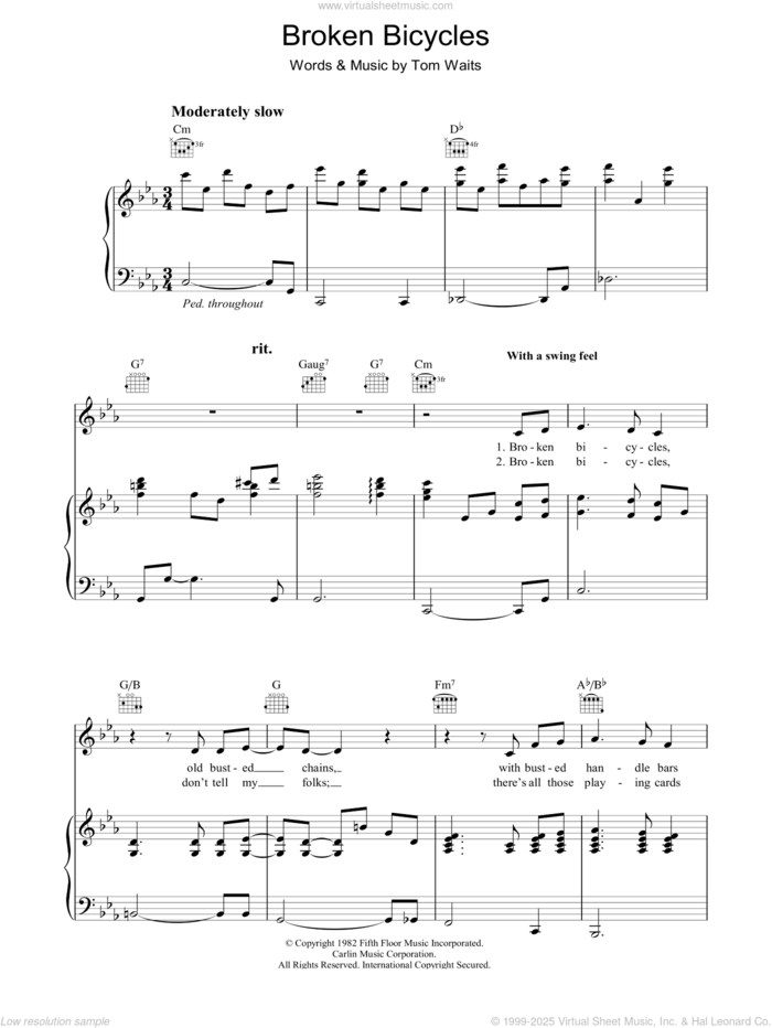 Broken Bicycles sheet music for voice, piano or guitar by Tom Waits, intermediate skill level