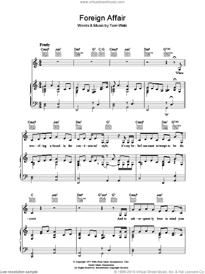 Foreign Affair sheet music for voice, piano or guitar by Tom Waits, intermediate skill level