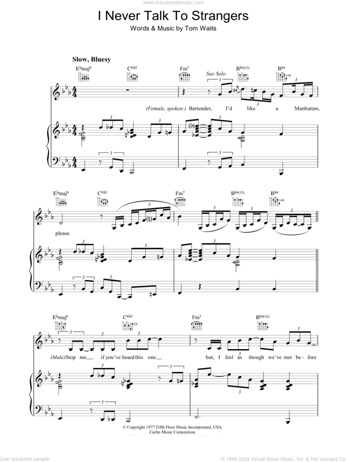I Never Talk To Strangers sheet music for voice, piano or guitar by Tom Waits, intermediate skill level