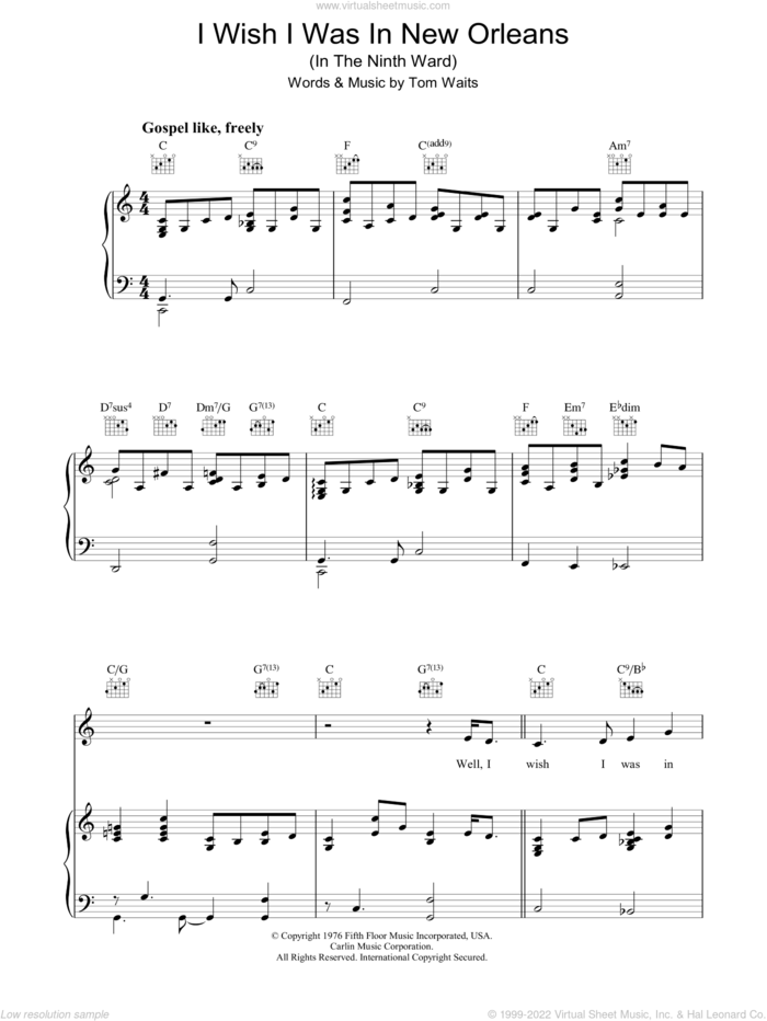 I Wish I Was In New Orleans sheet music for voice, piano or guitar by Tom Waits, intermediate skill level