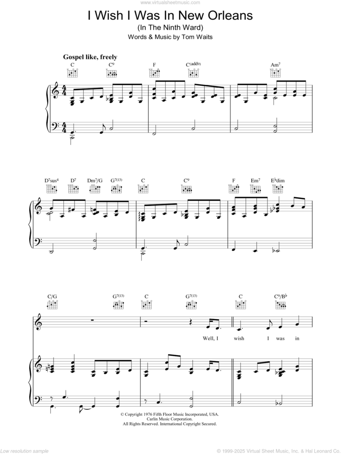 I Wish I Was In New Orleans sheet music for voice, piano or guitar by Tom Waits, intermediate skill level