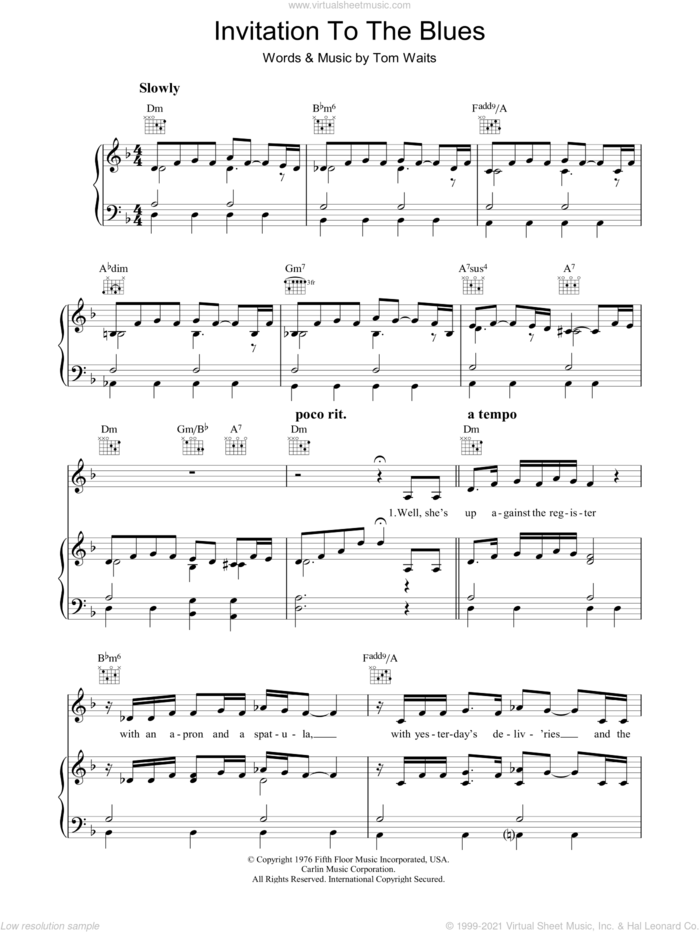 Invitation To The Blues sheet music for voice, piano or guitar by Tom Waits, intermediate skill level