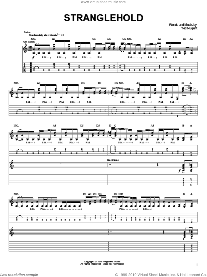 Stranglehold sheet music for guitar (tablature) by Ted Nugent, intermediate skill level