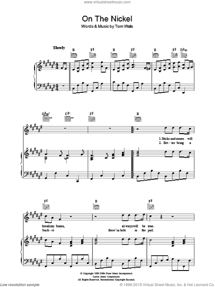 On The Nickel sheet music for voice, piano or guitar by Tom Waits, intermediate skill level