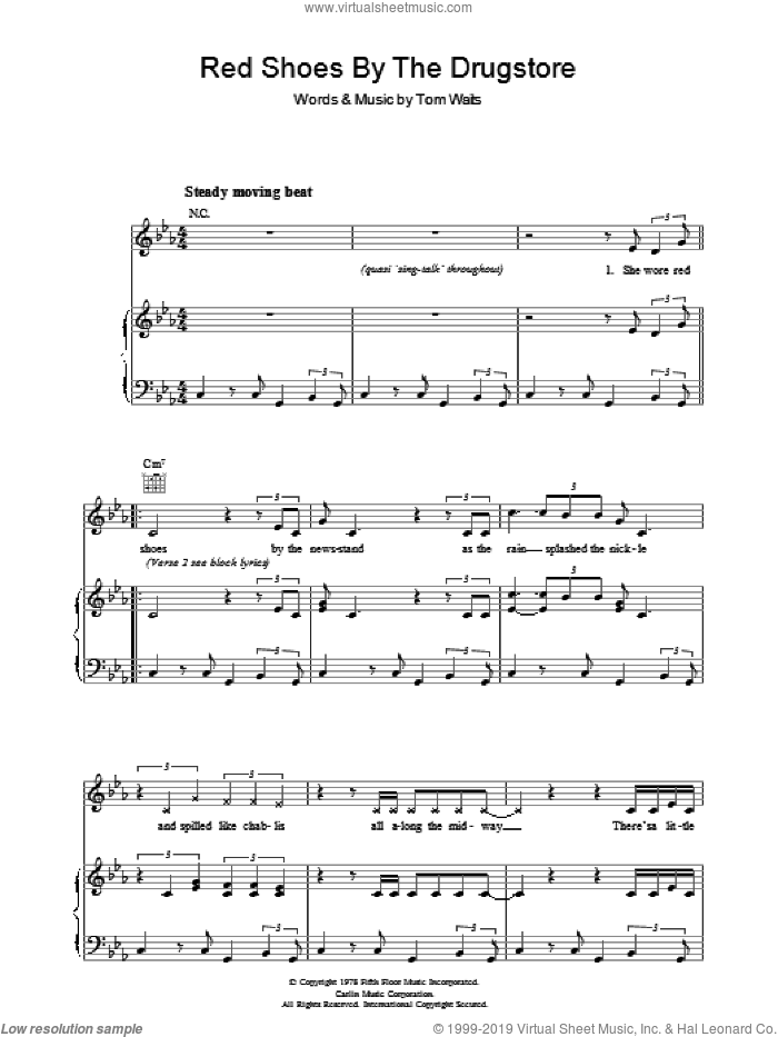 Red Shoes By The Drugstore sheet music for voice, piano or guitar by Tom Waits, intermediate skill level