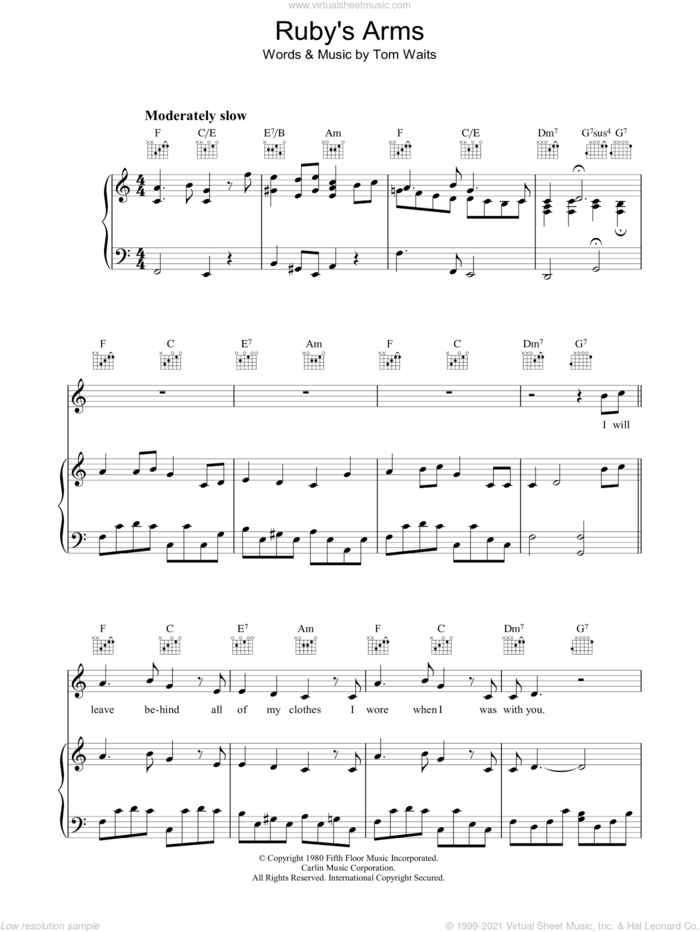 Ruby's Arms sheet music for voice, piano or guitar by Tom Waits, intermediate skill level