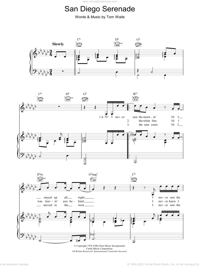San Diego Serenade sheet music for voice, piano or guitar by Tom Waits, intermediate skill level