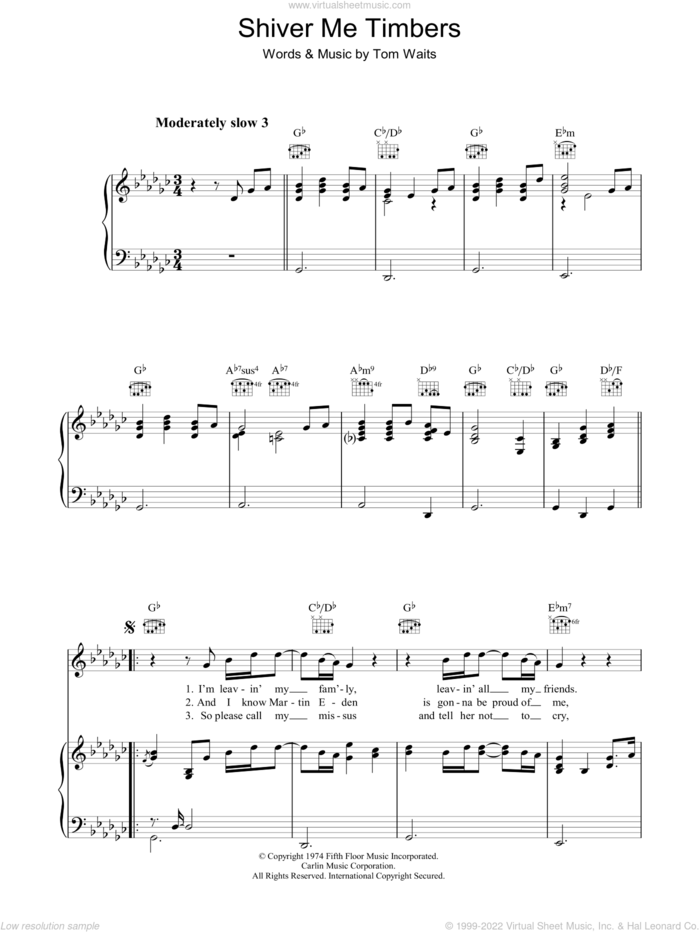Shiver Me Timbers sheet music for voice, piano or guitar by Tom Waits, intermediate skill level
