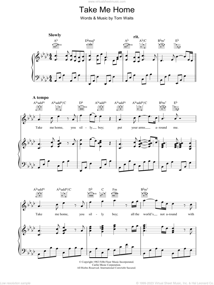 Take Me Home sheet music for voice, piano or guitar by Tom Waits, intermediate skill level