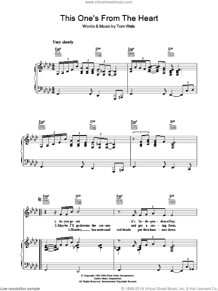 This One's From The Heart sheet music for voice, piano or guitar by Tom Waits, intermediate skill level