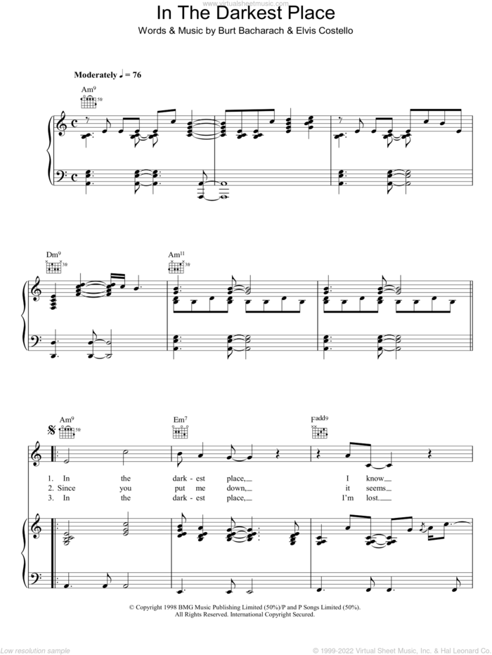 In The Darkest Place sheet music for voice, piano or guitar by Burt Bacharach and Elvis Costello, intermediate skill level