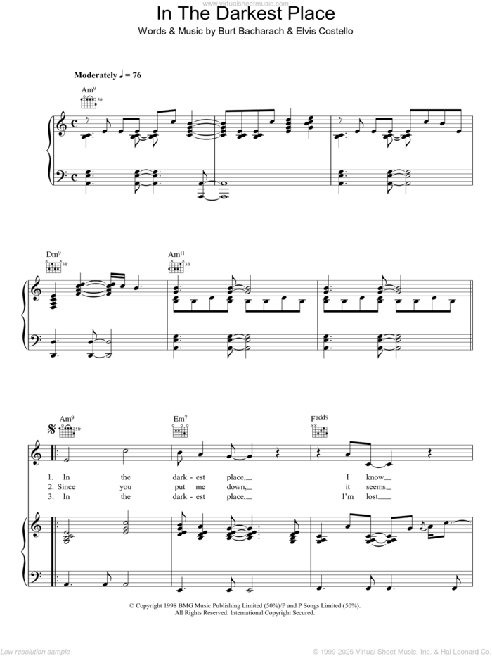 In The Darkest Place sheet music for voice, piano or guitar by Burt Bacharach and Elvis Costello, intermediate skill level