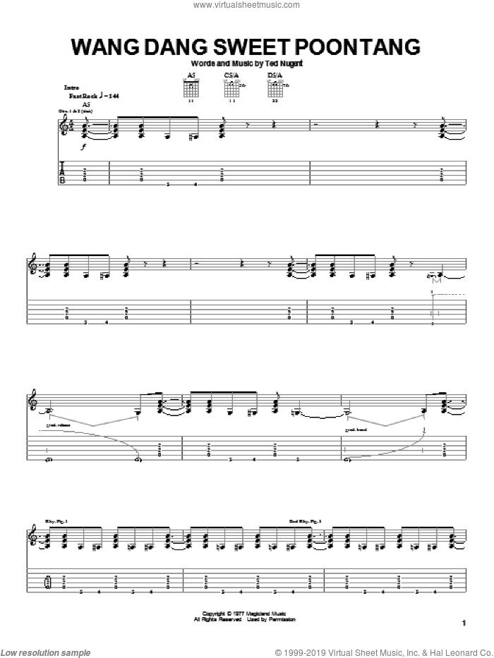 Wang Dang Sweet Poontang sheet music for guitar (tablature) by Ted Nugent, intermediate skill level