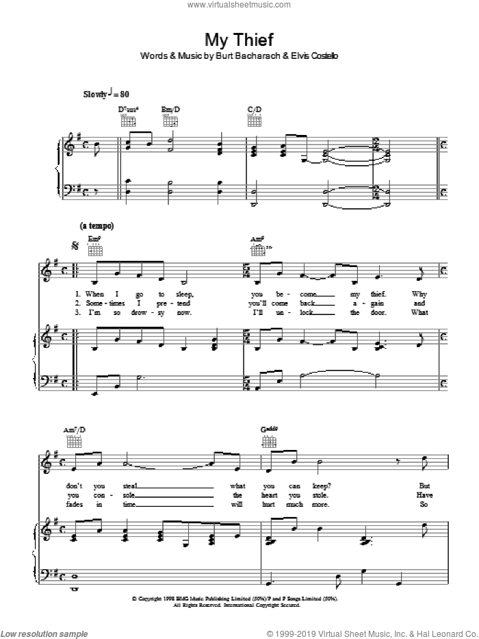My Thief sheet music for voice, piano or guitar by Burt Bacharach and Elvis Costello, intermediate skill level