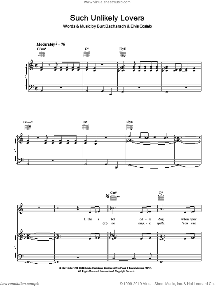 Such Unlikely Lovers sheet music for voice, piano or guitar by Burt Bacharach and Elvis Costello, intermediate skill level