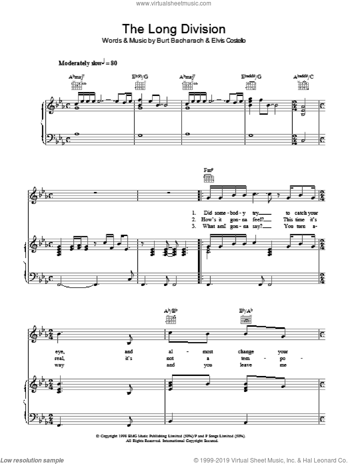 The Long Division sheet music for voice, piano or guitar by Burt Bacharach and Elvis Costello, intermediate skill level