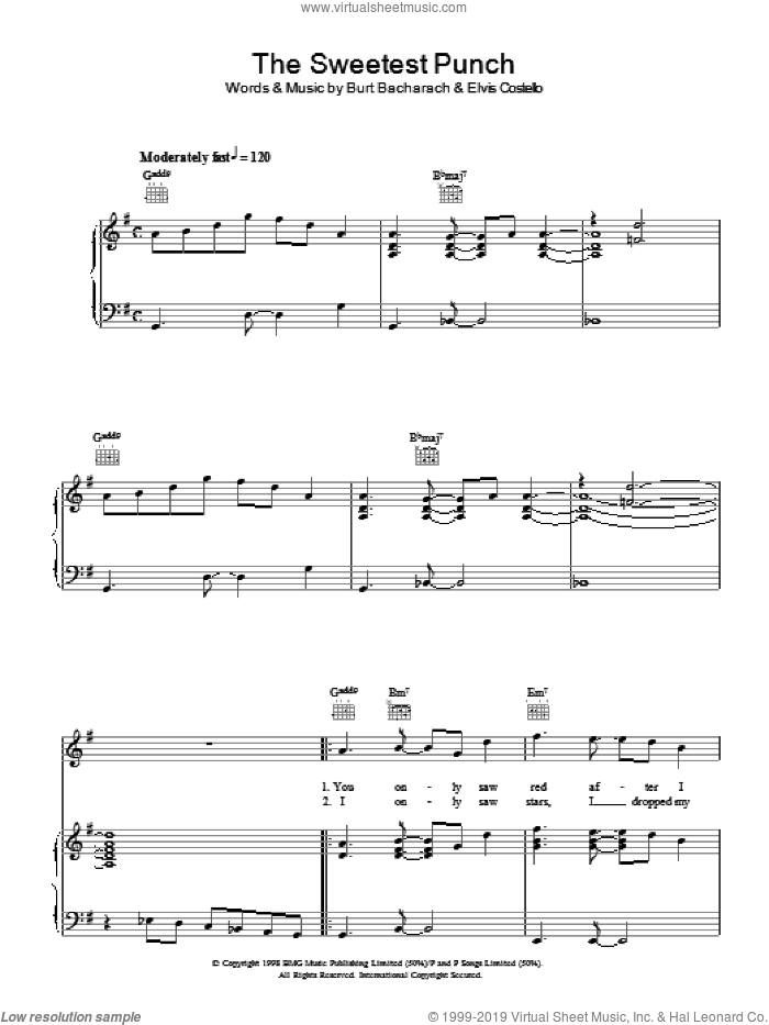 The Sweetest Punch sheet music for voice, piano or guitar by Burt Bacharach and Elvis Costello, intermediate skill level