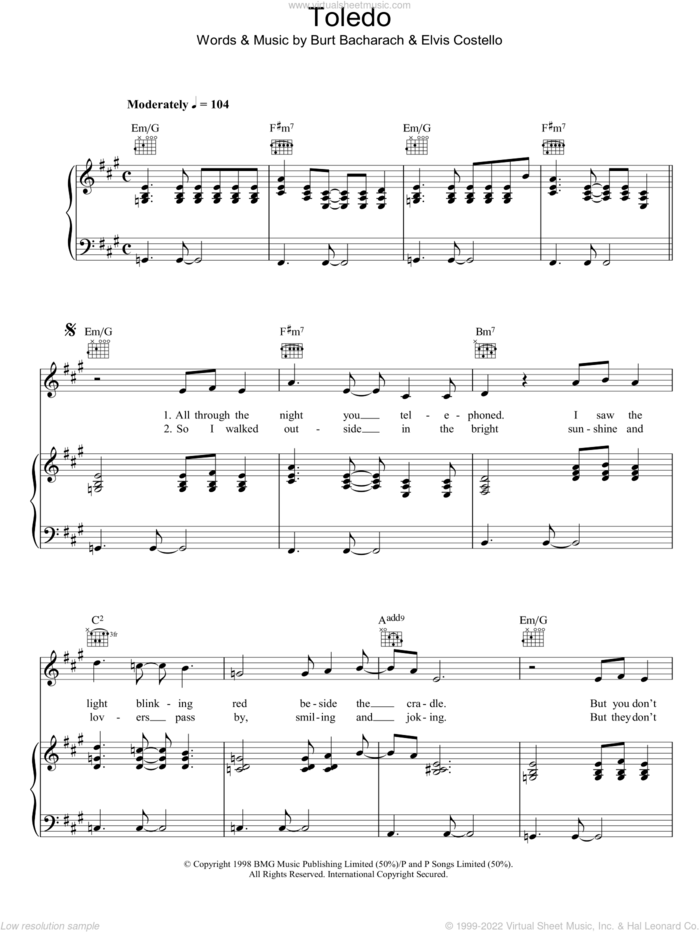 Toledo sheet music for voice, piano or guitar by Burt Bacharach and Elvis Costello, intermediate skill level