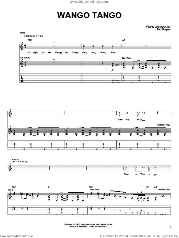 Wango Tango sheet music for guitar (tablature) by Ted Nugent, intermediate skill level