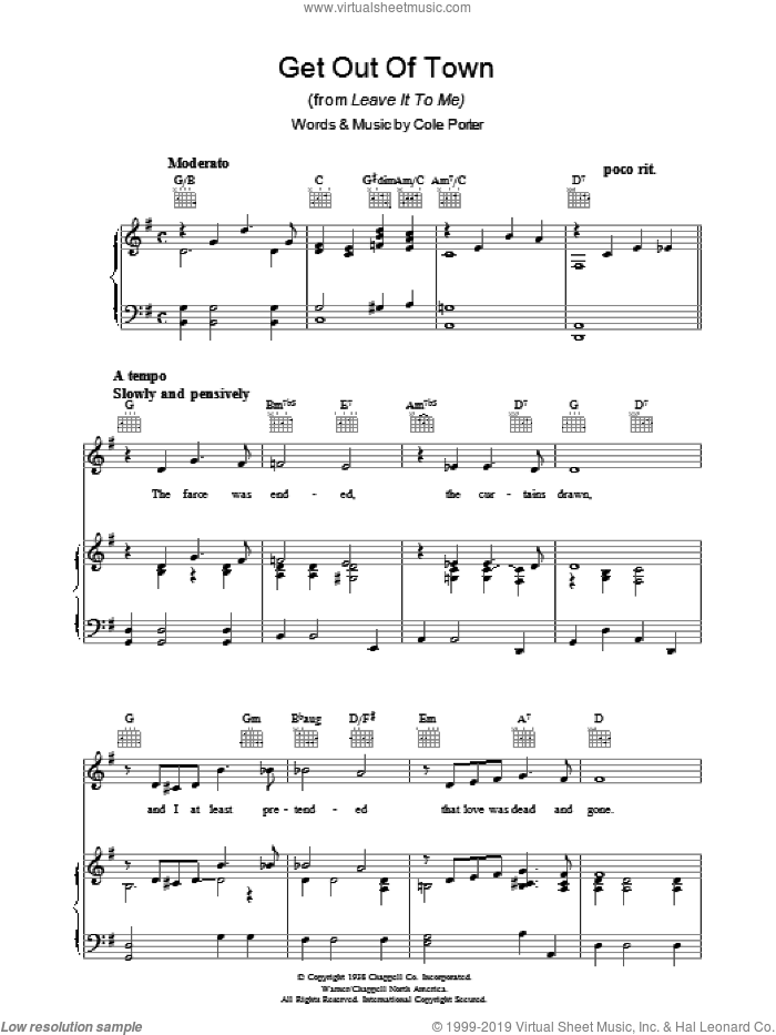 Get Out Of Town sheet music for voice, piano or guitar by Cole Porter, intermediate skill level