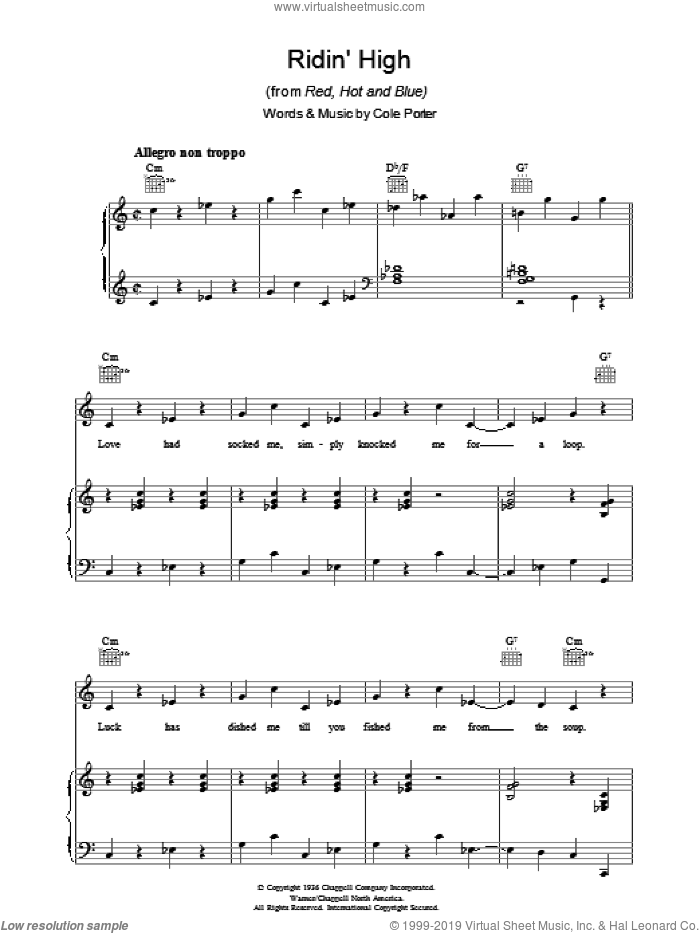Ridin' High sheet music for voice, piano or guitar by Cole Porter, intermediate skill level